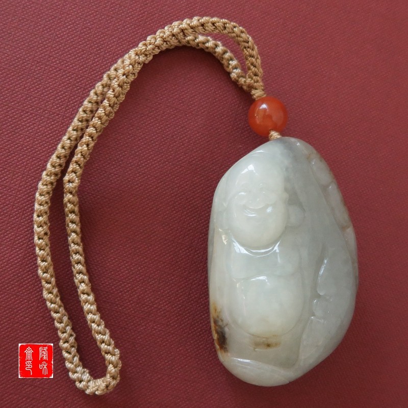 {梦里云归何处寻？}隆和斋藏天然籽料青花玉佛手把件手工雕刻笑佛