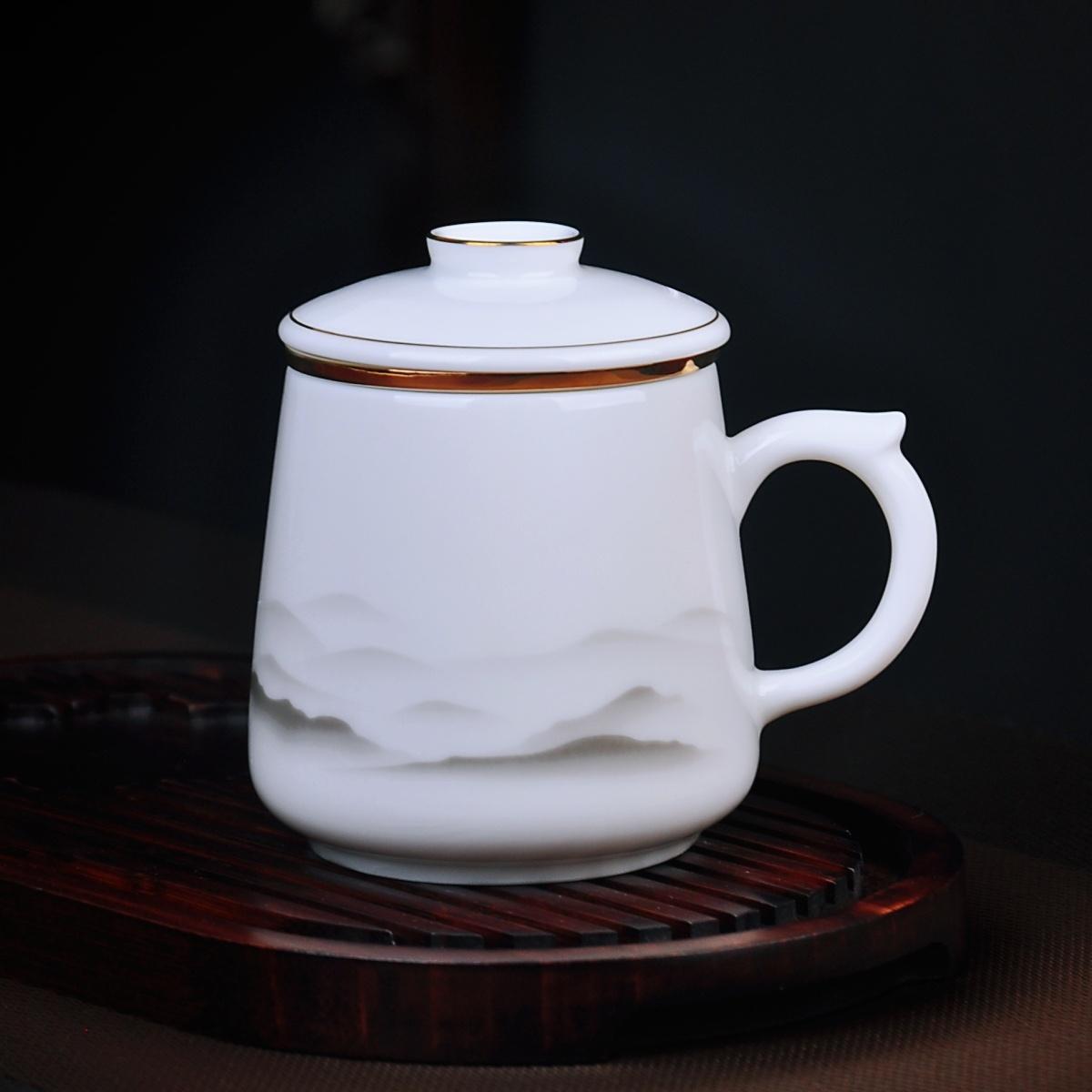 景德镇三件式办公杯带盖过滤茶水分离泡茶杯陶瓷礼品马克杯大容量