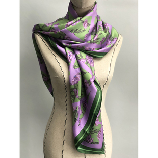 意大利2021早春显白绿紫 复古花卉真丝斜纹桑蚕丝110方巾披肩围巾