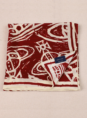 手绘星空红 法式复古老钱风100%桑蚕丝双绉真丝丝巾女方巾70cm