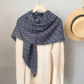 丝羊毛100cm方巾丝巾女披肩 百搭重磅新款 D字母 蓝灰色经典