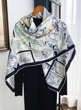 福宝集邮 蓝色真丝羊毛140大方巾秋冬夏女围巾披肩