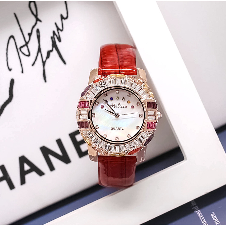 melissa玛丽莎品牌满钻皮带手表女士时尚潮流大表盘彩色石英防水