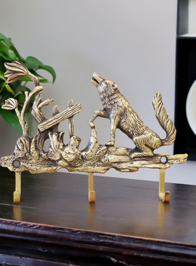 法式复古高级黄铜手工打造做旧丛林狼王图案墙上家居装饰三排挂钩