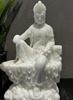 水月观音菩萨天然汉白玉九鼎雕刻