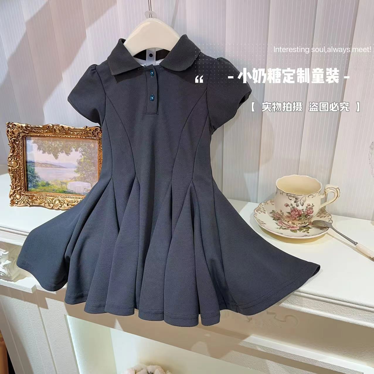 女童夏季中大童POLO领连衣裙新款2024学院风超蓬裙摆洋气短袖长裙