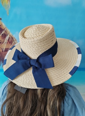 2025外贸出美单轻奢手工扎纸蓝色蝴蝶结大帽檐porkpie防晒草编帽
