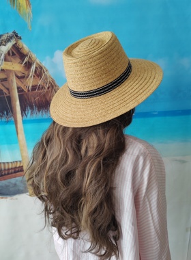 2025外贸出口欧美单深蓝波浪纹porkpie防晒遮阳草编帽情侣大头围