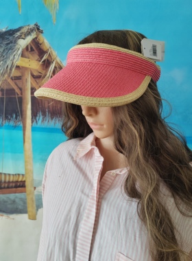 2025外贸出口美单防晒度假草帽粉橙色遮阳草编空顶帽发夹帽发箍帽