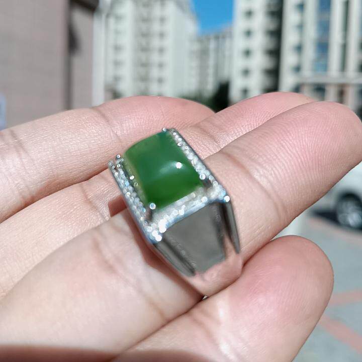 彩云轩特价玉器和田玉碧玉高苹果绿男戒指925银镶嵌