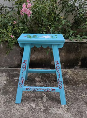 订制实木彩绘凳子，手工木凳子，庭院花园禅意凳，