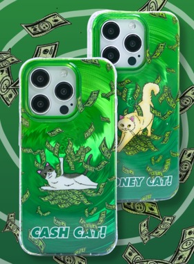 【支持17】星期天家来钱猫猫暴风吸钱墨绿招财好运财运原创卡通IMDiPhone16ProM苹果15华为p70mate60小众插画