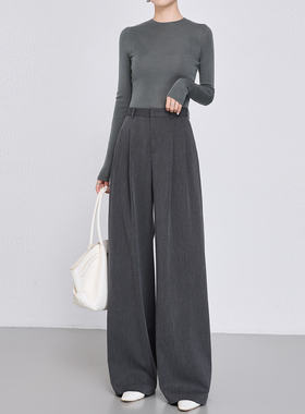 曼依拉机洗免烫格雷系阔腿裤女西装裤2025秋季新款高腰灰色直筒裤
