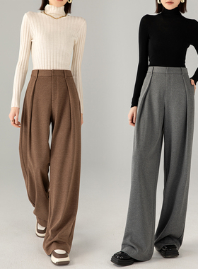 垂感ROW风机洗毛呢感阔腿裤女长裤子高腰秋季宽松褶裥灰色直筒裤