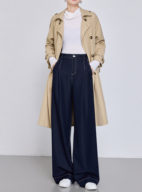 曼依拉老钱风软垂牛仔裤女2025秋季新款遮胯明线垂感高腰阔腿裤子