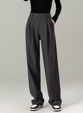曼依拉格雷系灰色垂感阔腿裤女长裤2025秋季后松紧高腰西装直筒裤