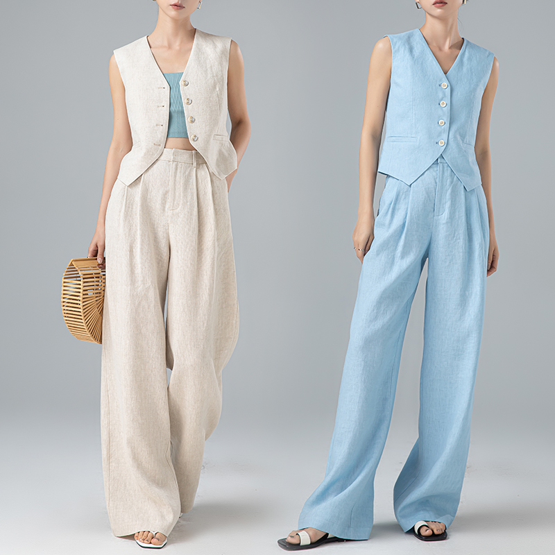 100纯亚麻马甲休闲裤套装