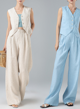 曼依拉高级感纯亚麻无袖V领西装马甲阔腿裤两件套装夏季休闲裤子