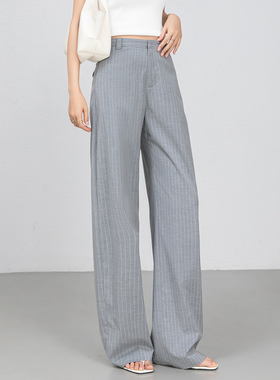 免烫抗皱显瘦条纹西装阔腿裤女长裤夏季薄款灰色香蕉直筒裤老钱风