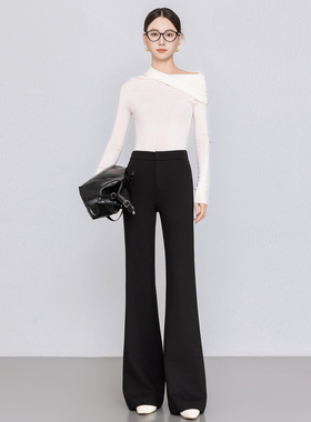 四面弹力超模神裤微喇裤女秋冬后松紧空气层针织显瘦小黑裤喇叭裤