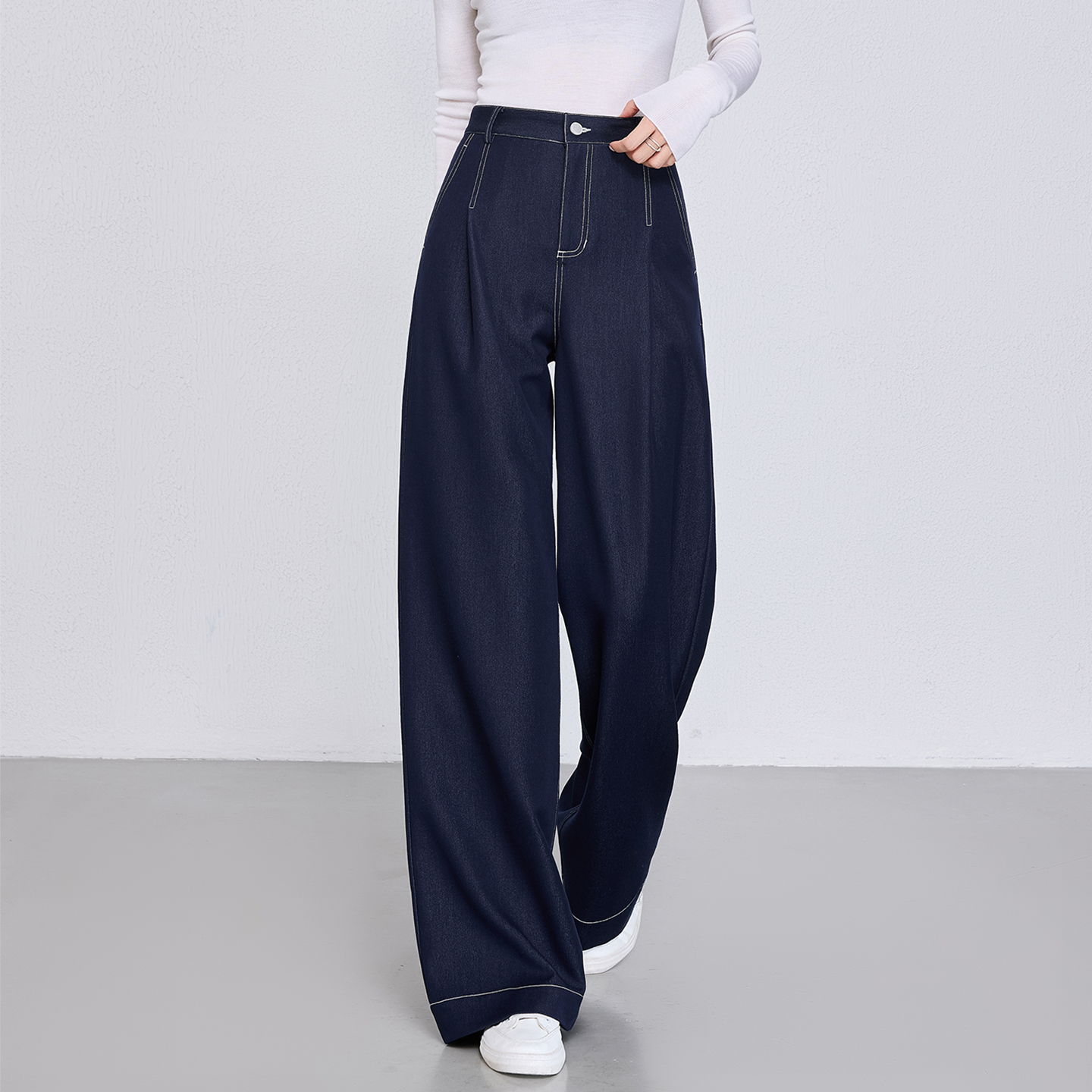 抗皱丹宁蓝牛仔裤女高腰阔腿裤