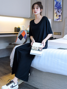 韩版 睡裙女夏带胸垫莫代尔V领宽松超长裙到脚踝家居连衣裙可外穿