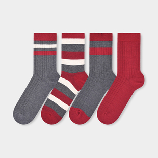 男士 学院风条纹拼色中筒袜舒适百搭秋冬袜子T30395 素4双装 棉元