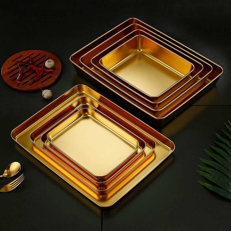 不锈钢方盘金色平底托盘日式长方形盘展示柜卤肉熟食盘快餐菜盆子