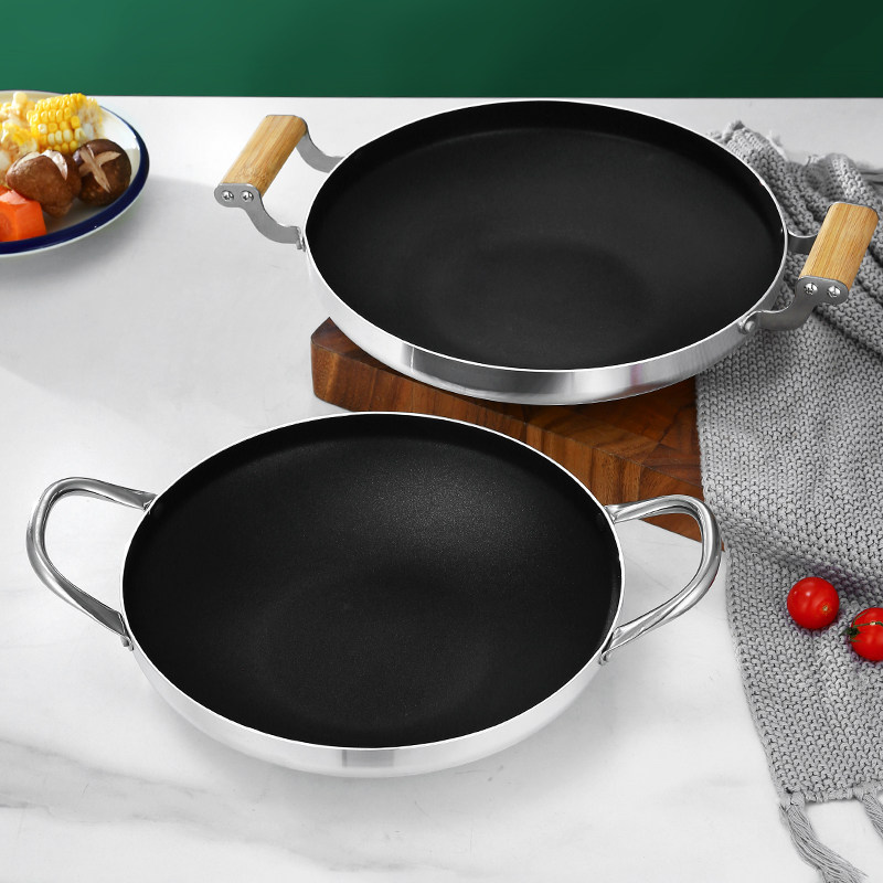 不锈钢干锅韩式部队火锅双耳平底干锅盆海鲜饭锅商用炸鸡盘小炒锅