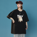 中性港风夏季宽松圆领纯棉短袖小羊NICE印花情侣T6034P25控38，男装T恤，电商A268