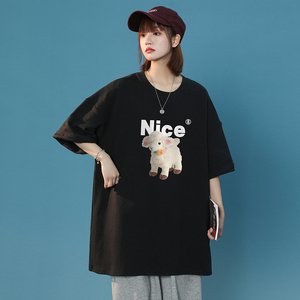 中性港风  夏季宽松圆领纯棉短袖小羊NICE印花情侣 T6034 P25控38图片