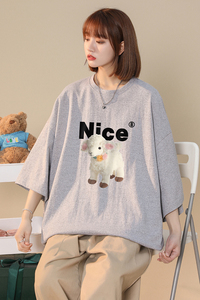 中性风  夏季宽松圆领纯棉短袖小羊NICE印花男女 T6034 P25控38图片