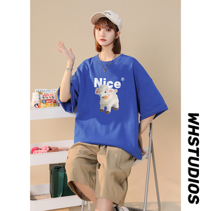 中性夏季宽松圆领纯棉短袖小羊NICE印花男女T6034P25控38