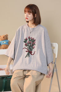中性风  夏季宽松圆领纯棉短袖花朵印花男女情侣  T6037 P25控38图片