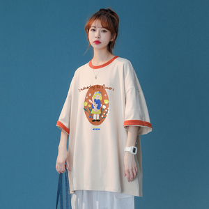 中性风   夏季新款宽松圆领短袖拼色卡通印花情侣 T6258 P35控48图片