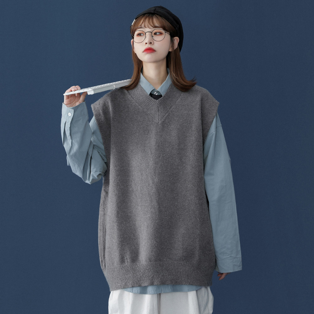 中性 秋季韩版宽松V领纯色毛衣背心马甲男女上衣MJ90 P45控58图片