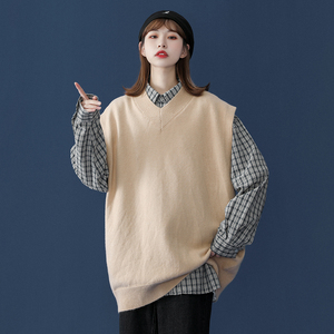 中性 秋季韩版宽松V领纯色毛衣背心马甲男女上衣MJ90 P45控58图片