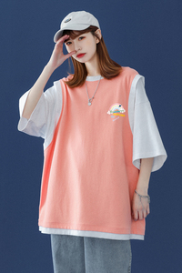 2022 夏季新 假两件圆领短袖T恤男撞色上衣女T530 P35控48图片
