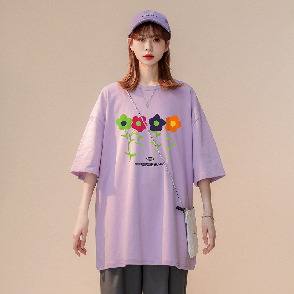 夏季新款宽松圆领纯棉短袖彩色小花朵印花情侣T6028P25控38,男装T恤,电商A268
