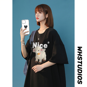 中性风  夏季宽松圆领纯棉短袖小羊NICE印花男女 T6034 P25控38图片