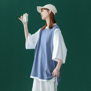 2022 夏季新 假两件圆领短袖T恤男撞色上衣女T500 P35控48图片