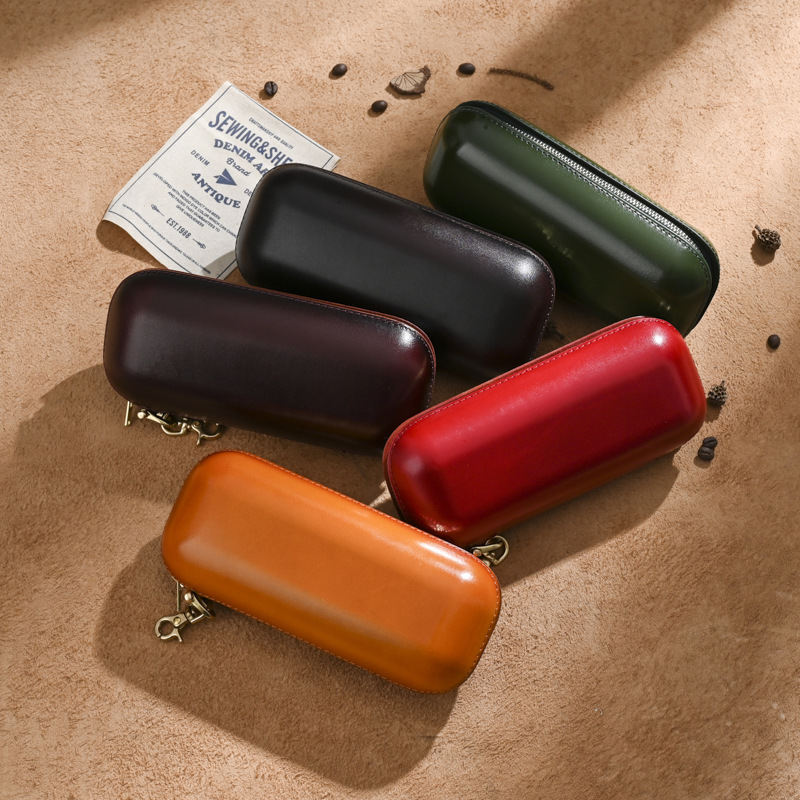原创意大利植鞣皮墨镜盒真皮防压便捷太阳镜盒休闲纯铜挂钩眼镜包