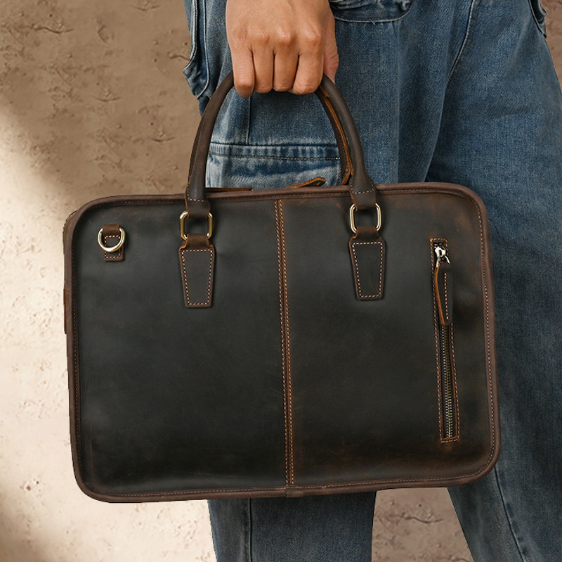 复古牛皮男士手提包横款公文包真皮电脑包手工邮差包疯马皮单肩包