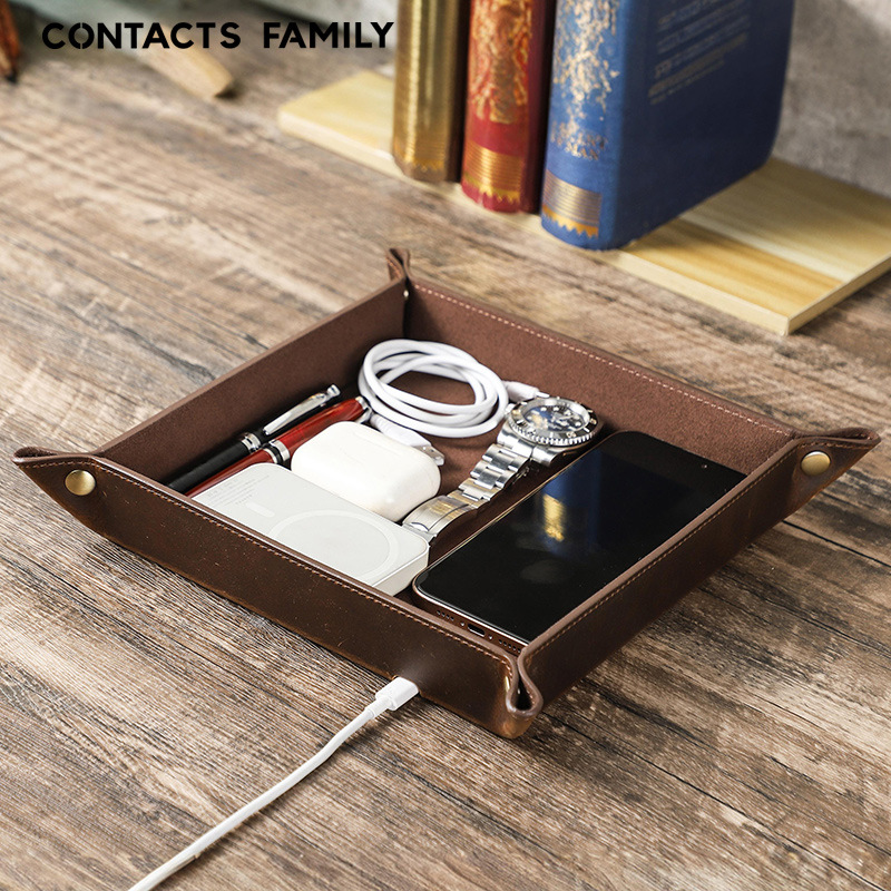 复古疯马皮托盘手工制作正方形办公用品桌面杂物15w无线充收纳盒