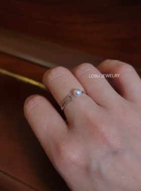流素losu.纯银不掉色几何款天然珍珠强光开口戒指