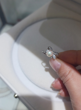 流素losu-925银天然珍珠正圆无暇粉光戒指蝴蝶结甜美戒指