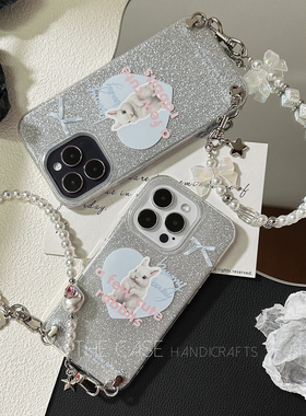 InTheCase 少女心爆闪iphone14promax可爱Y2K兔子bling卡通蝴蝶结巴洛克珍珠宝石可拆卸手腕链手机壳适用苹果