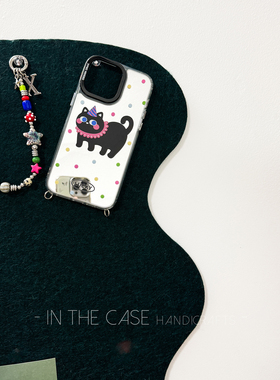 InTheCase可爱胖猫咪iphone16pro彩色波点镜面手机壳腕链适用苹果