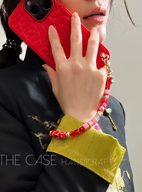 InTheCase 新中式本命年转运招财中国红色iphone16promax方块可拆卸手腕链条皮立体山茶花全包手机壳适用苹果