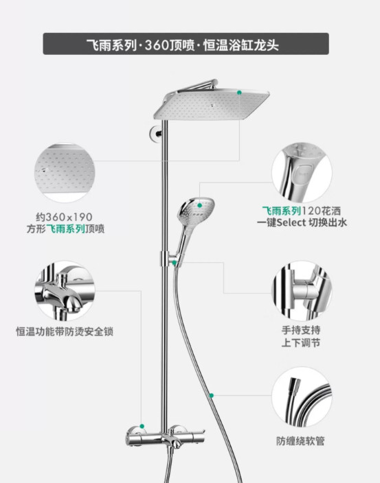 德国汉斯格雅26162007飞雨E花洒套装360恒温花洒淋雨管带浴缸龙头